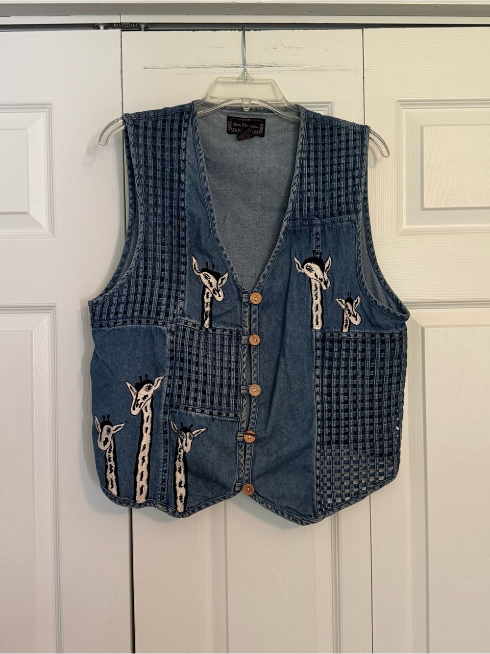 Blue Denim Giraffe Embroidered Textured Vest with Wood Buttons